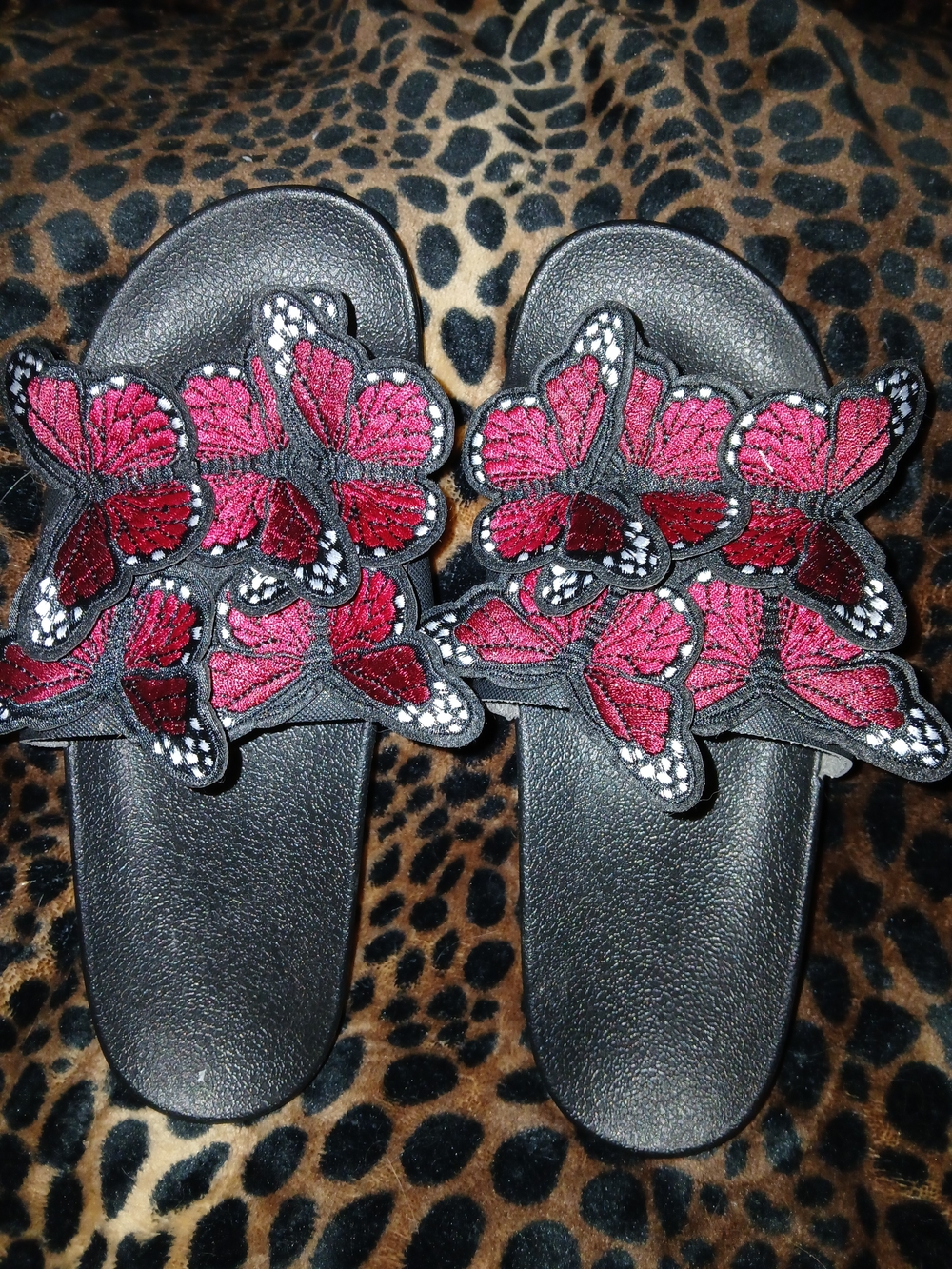 DOLLS KILL Black Slide Sandals with Red Butterfly Appliqués - Women